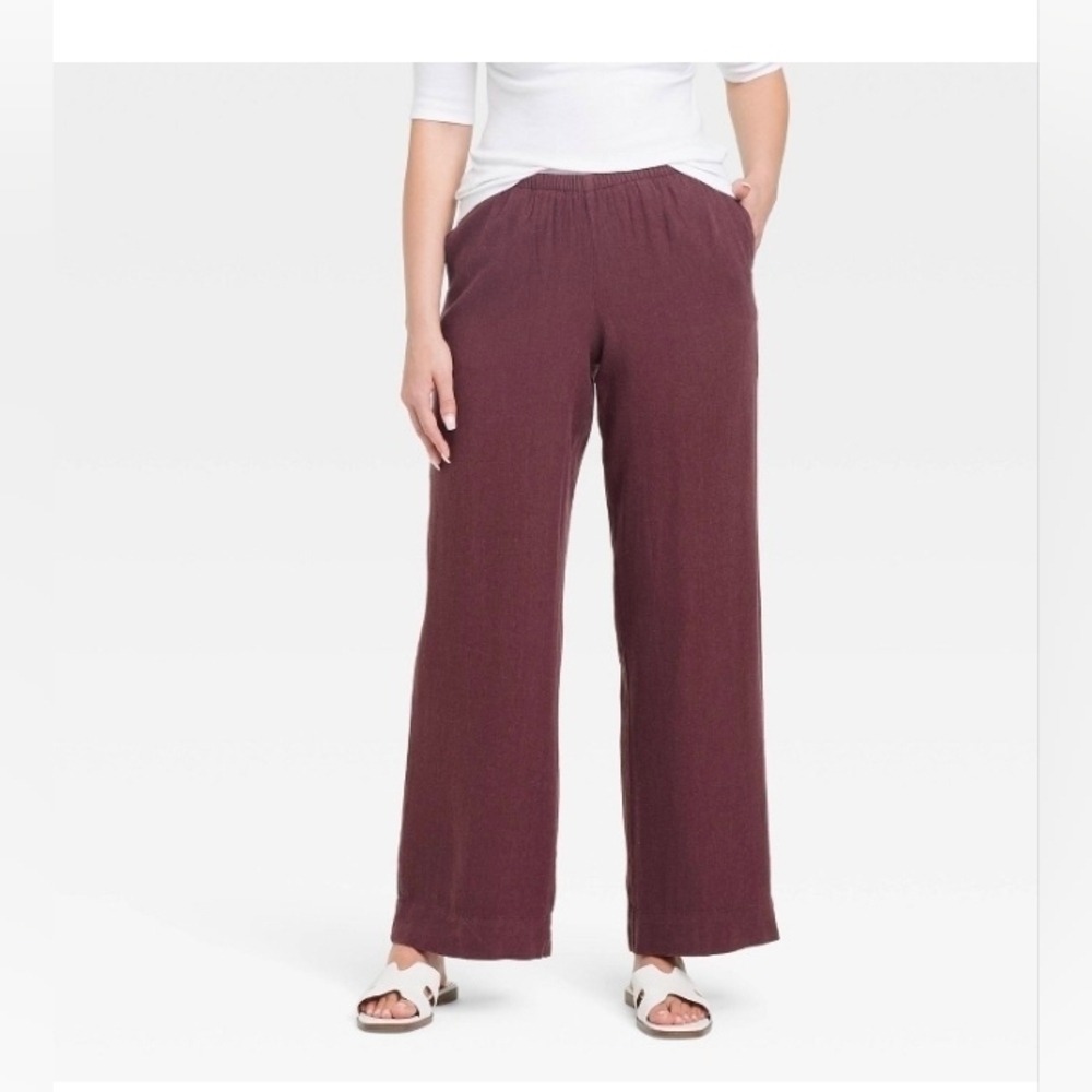 A New Day Women's Mid-Rise Wide Leg Linen Pull On Pants Seam Pocket - Picture 2 of 9